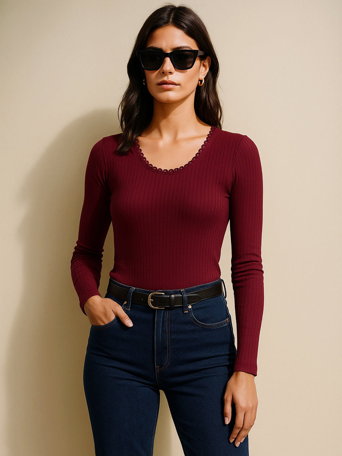 Maroon Rib Round Neck Full Sleeves Lace Top-SASSAFRAS
