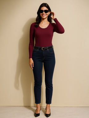 Maroon Rib Round Neck Full Sleeves Lace Top-SASSAFRAS