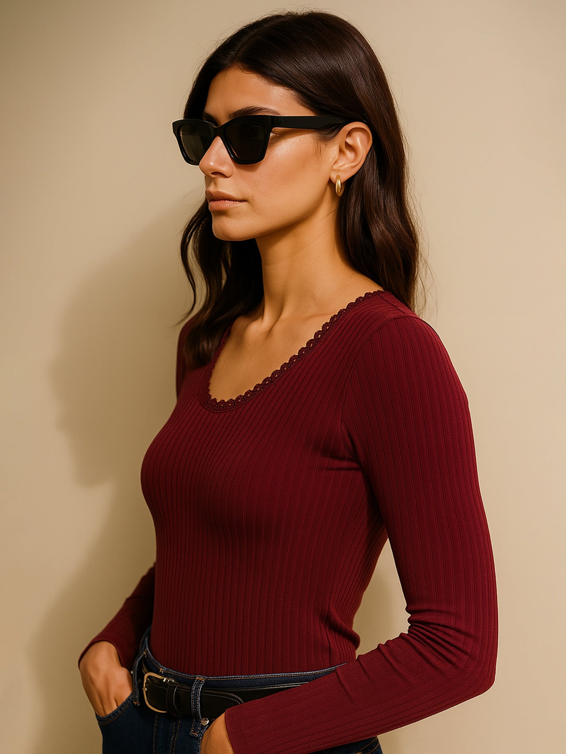 Maroon Rib Round Neck Full Sleeves Lace Top-SASSAFRAS