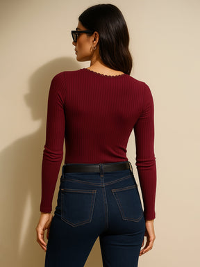 Maroon Rib Round Neck Full Sleeves Lace Top-SASSAFRAS