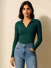 Emerald Rib Polo Style V-Neck Neck Top-SASSAFRAS