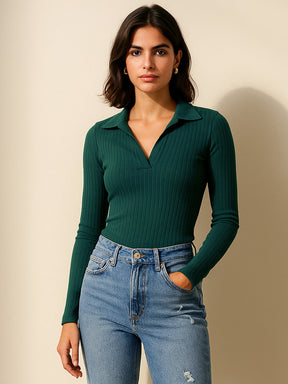Emerald Rib Polo Style V-Neck Neck Top-SASSAFRAS