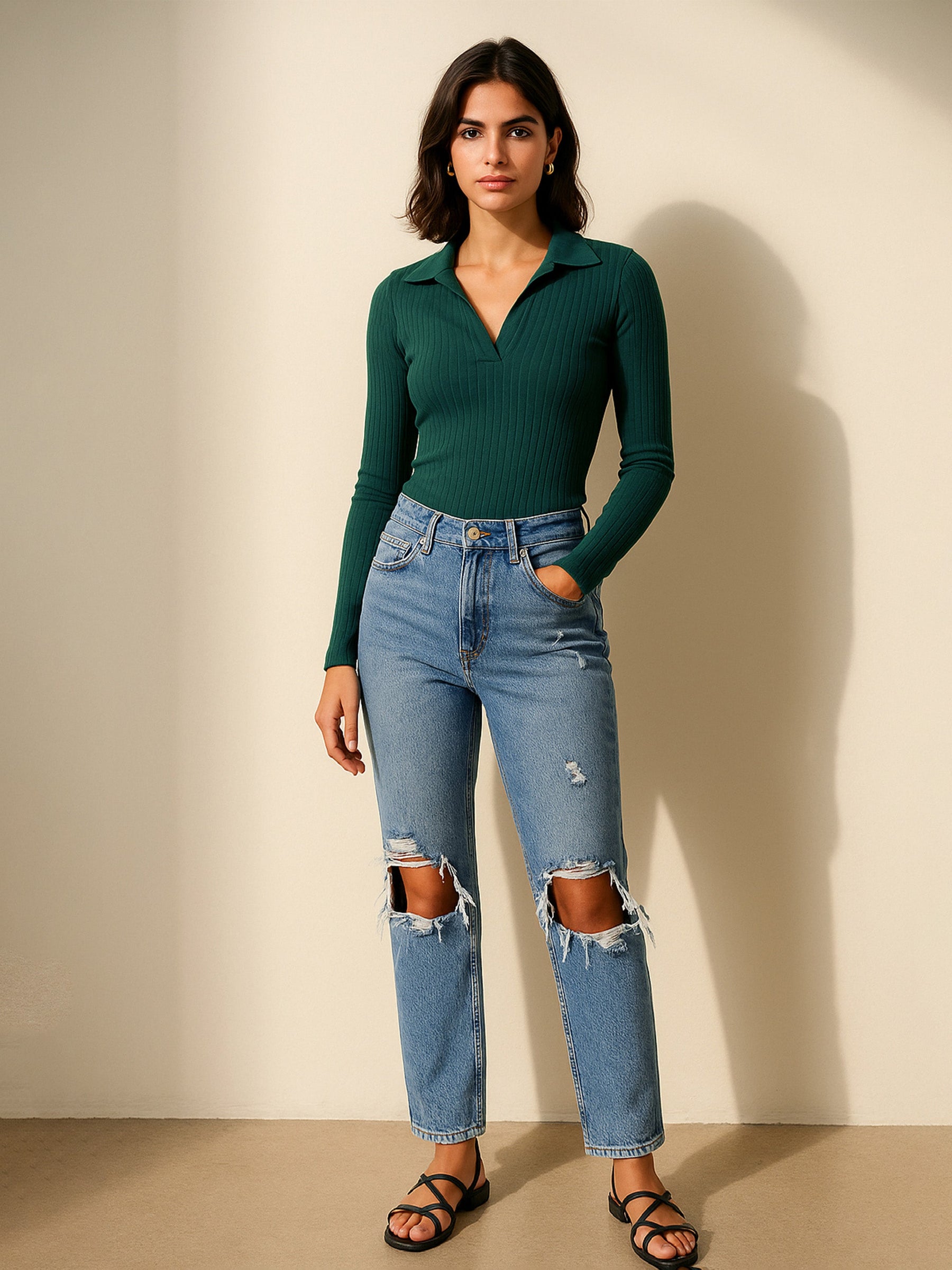 Emerald Rib Polo Style V-Neck Neck Top-SASSAFRAS