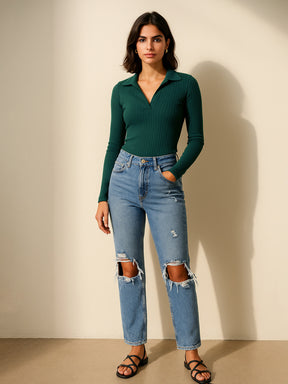 Emerald Rib Polo Style V-Neck Neck Top-SASSAFRAS