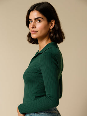Emerald Rib Polo Style V-Neck Neck Top-SASSAFRAS