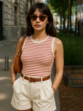 Red & Beige Stripes Sleeveless Crop Baby Tee-SASSAFRAS