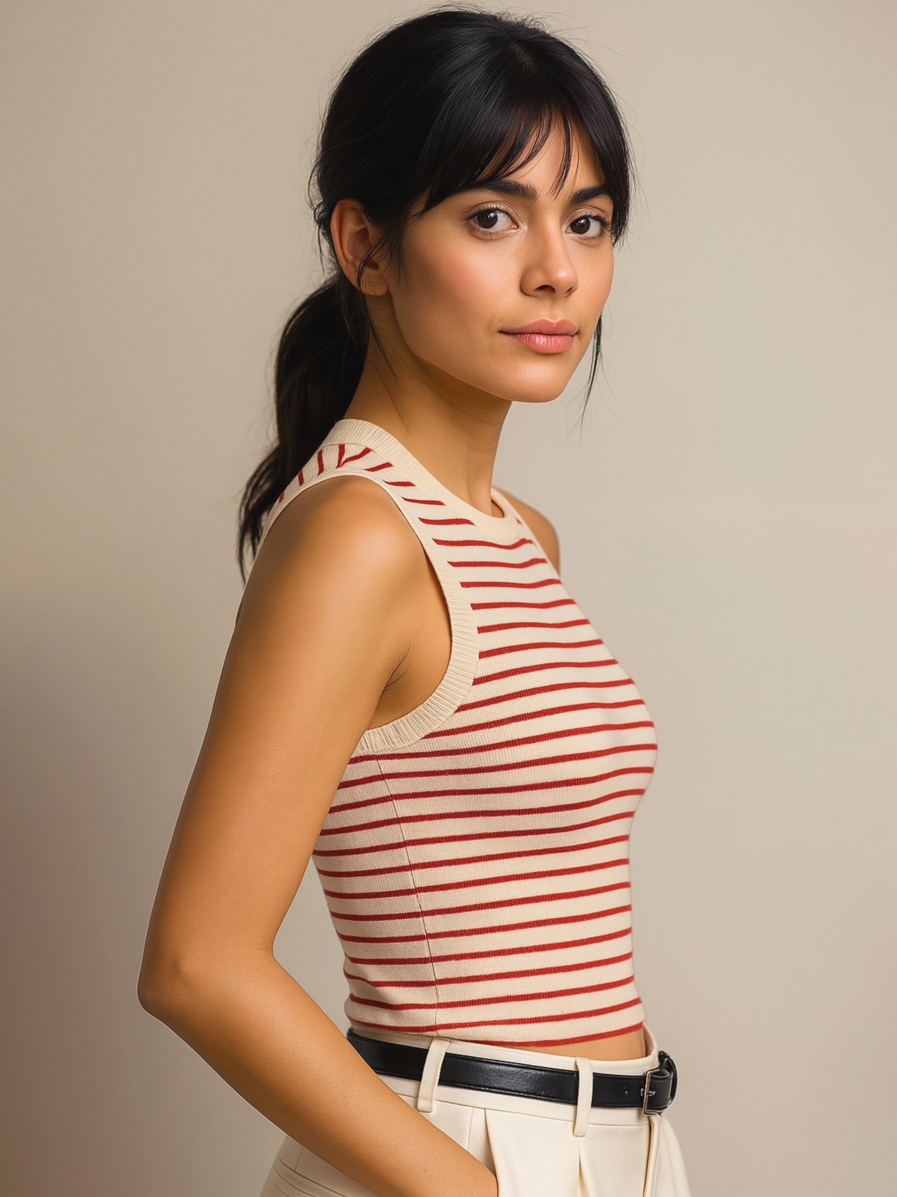 Red & Beige Stripes Sleeveless Crop Baby Tee-SASSAFRAS