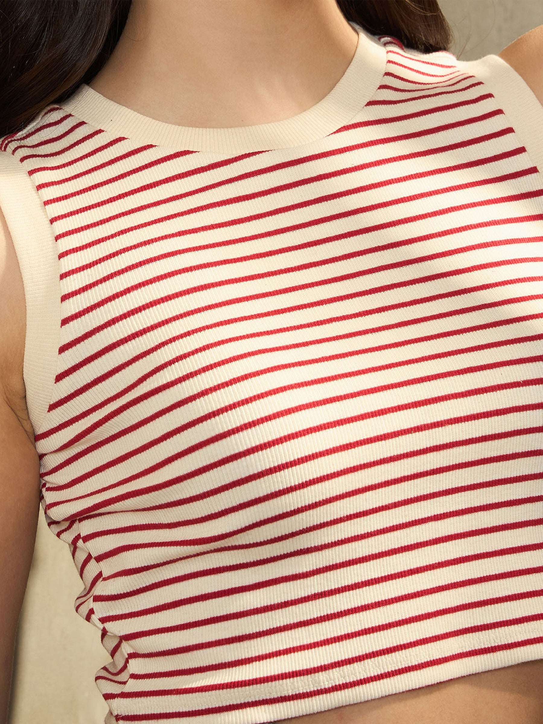 Red & Beige Stripes Sleeveless Crop Baby Tee-SASSAFRAS