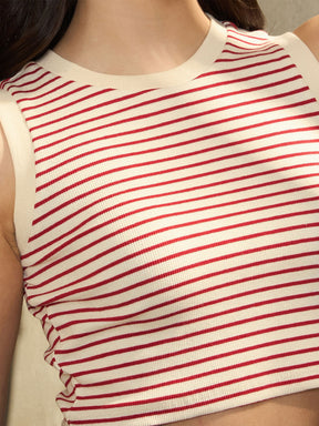 Red & Beige Stripes Sleeveless Crop Baby Tee-SASSAFRAS