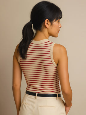 Red & Beige Stripes Sleeveless Crop Baby Tee-SASSAFRAS