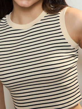 Black & Beige Stripes Sleeveless Crop Baby Tee-SASSAFRAS