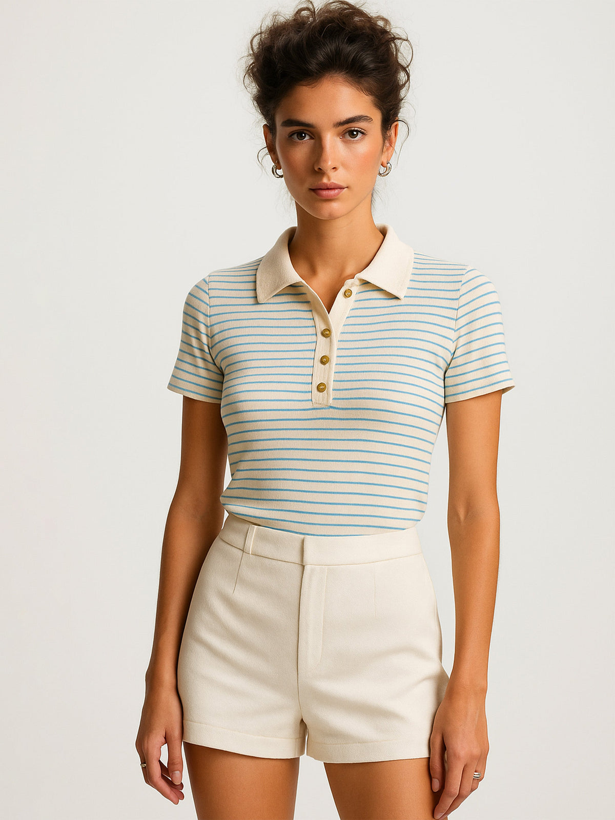 Blue & Beige Rib Stripes Polo T-Shirt-SASSAFRAS