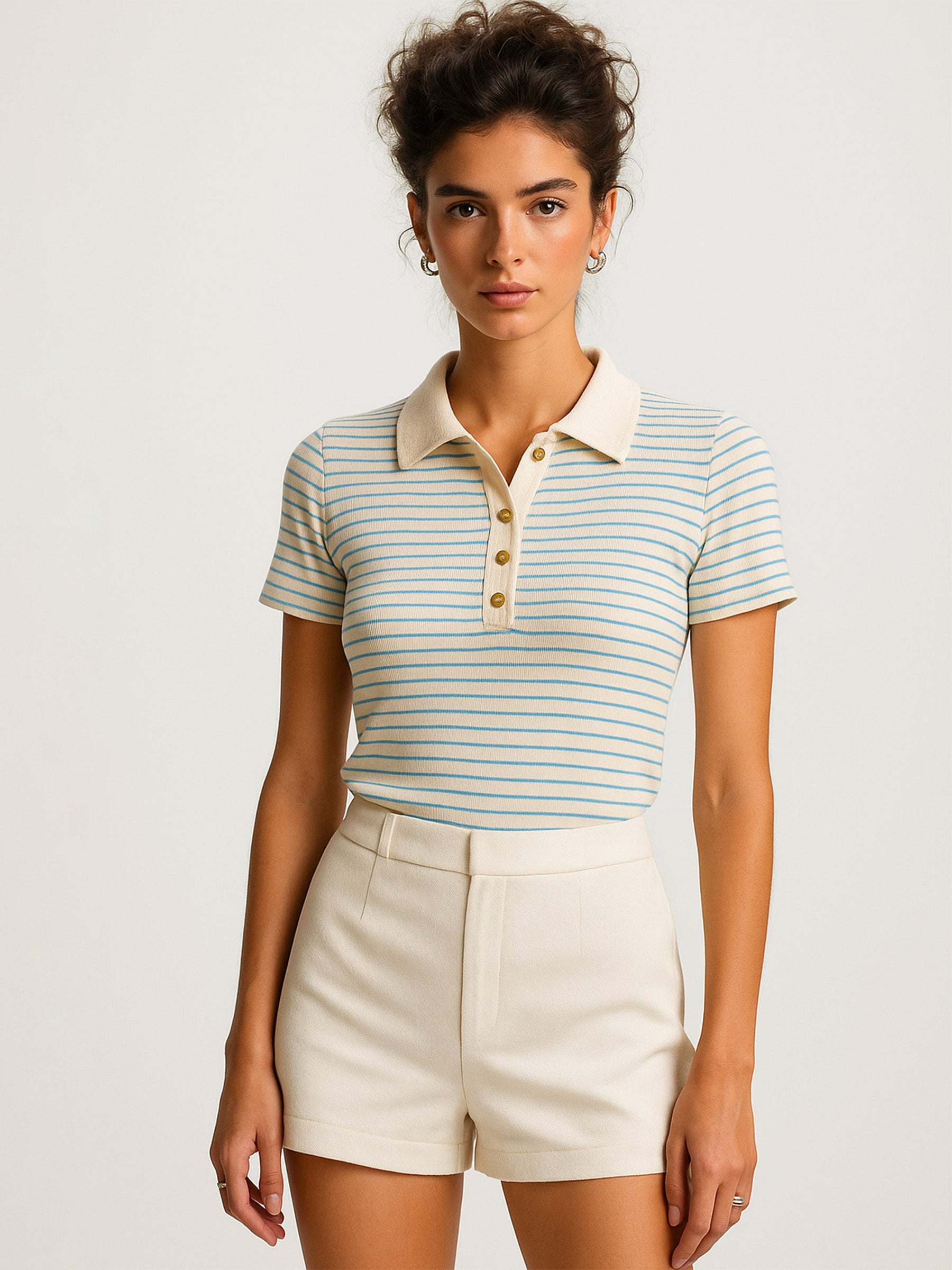 Blue & Beige Rib Stripes Polo T-Shirt-SASSAFRAS