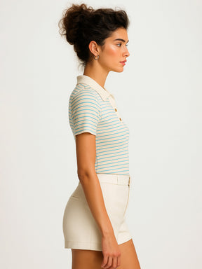 Blue & Beige Rib Stripes Polo T-Shirt-SASSAFRAS