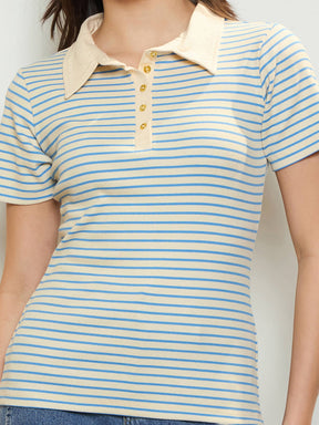Blue & Beige Rib Stripes Polo T-Shirt-SASSAFRAS