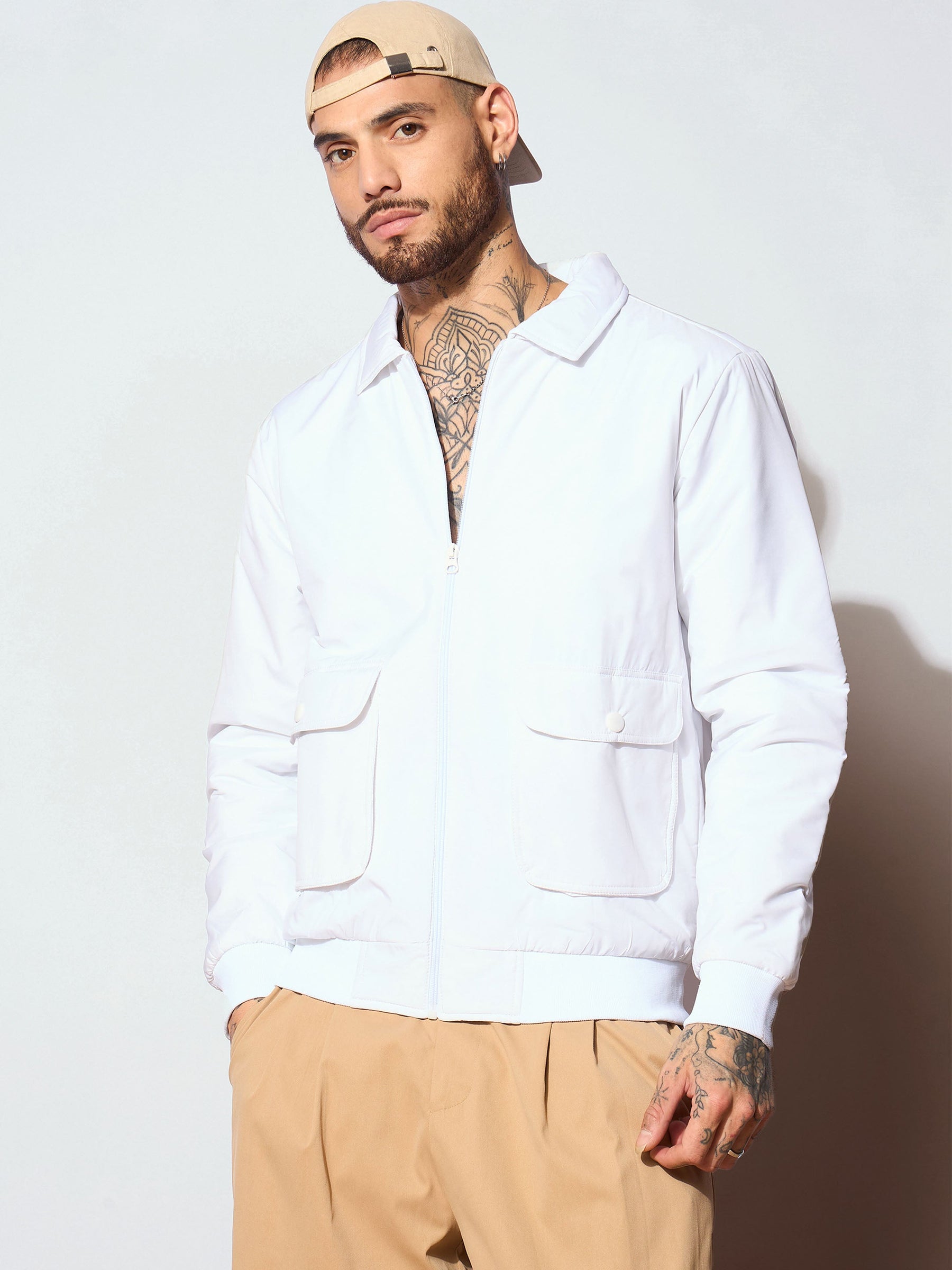 White Full Sleeve Front Pocket Jacket-MASCLN SASSAFRAS