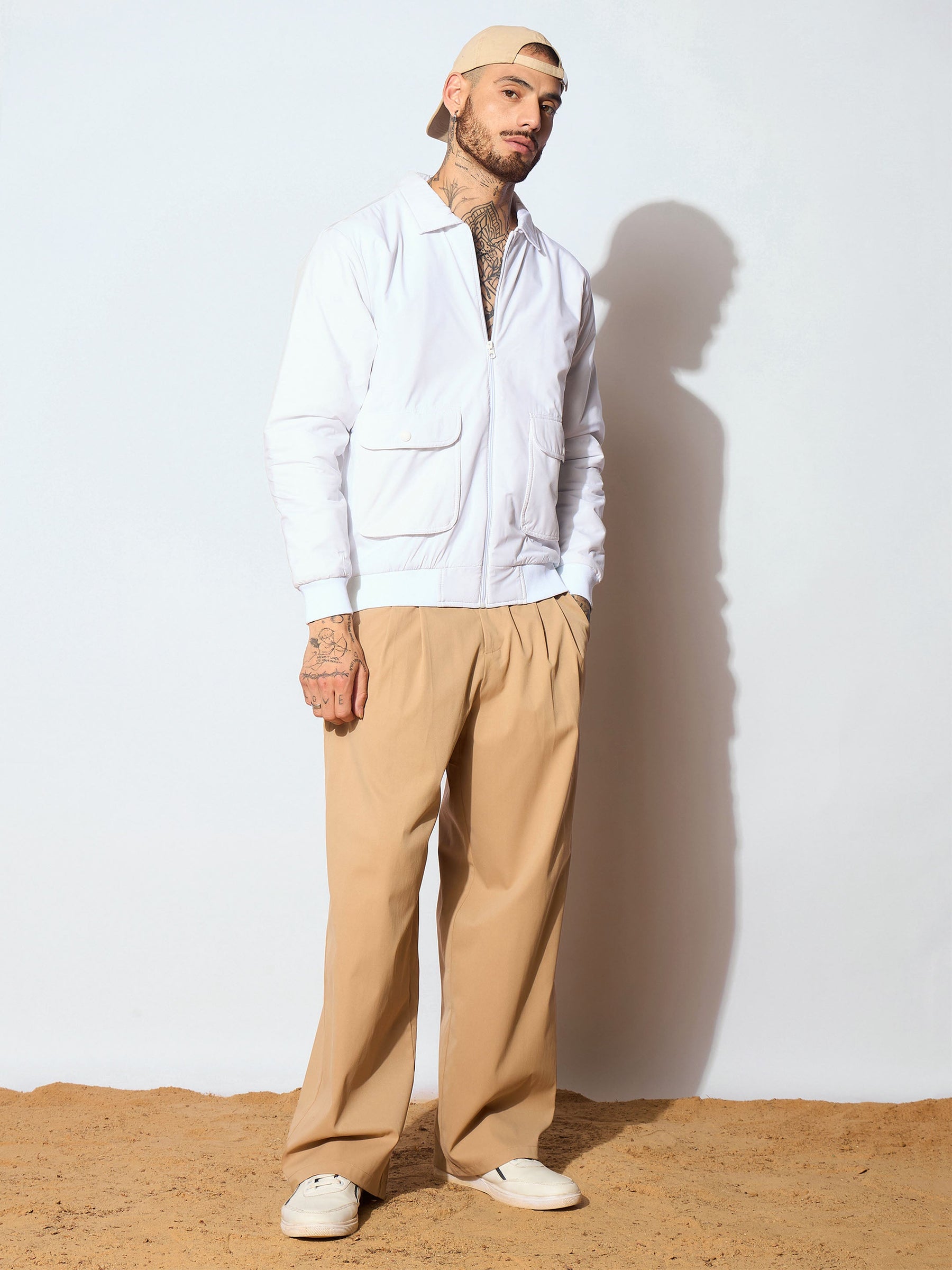 White Full Sleeve Front Pocket Jacket-MASCLN SASSAFRAS