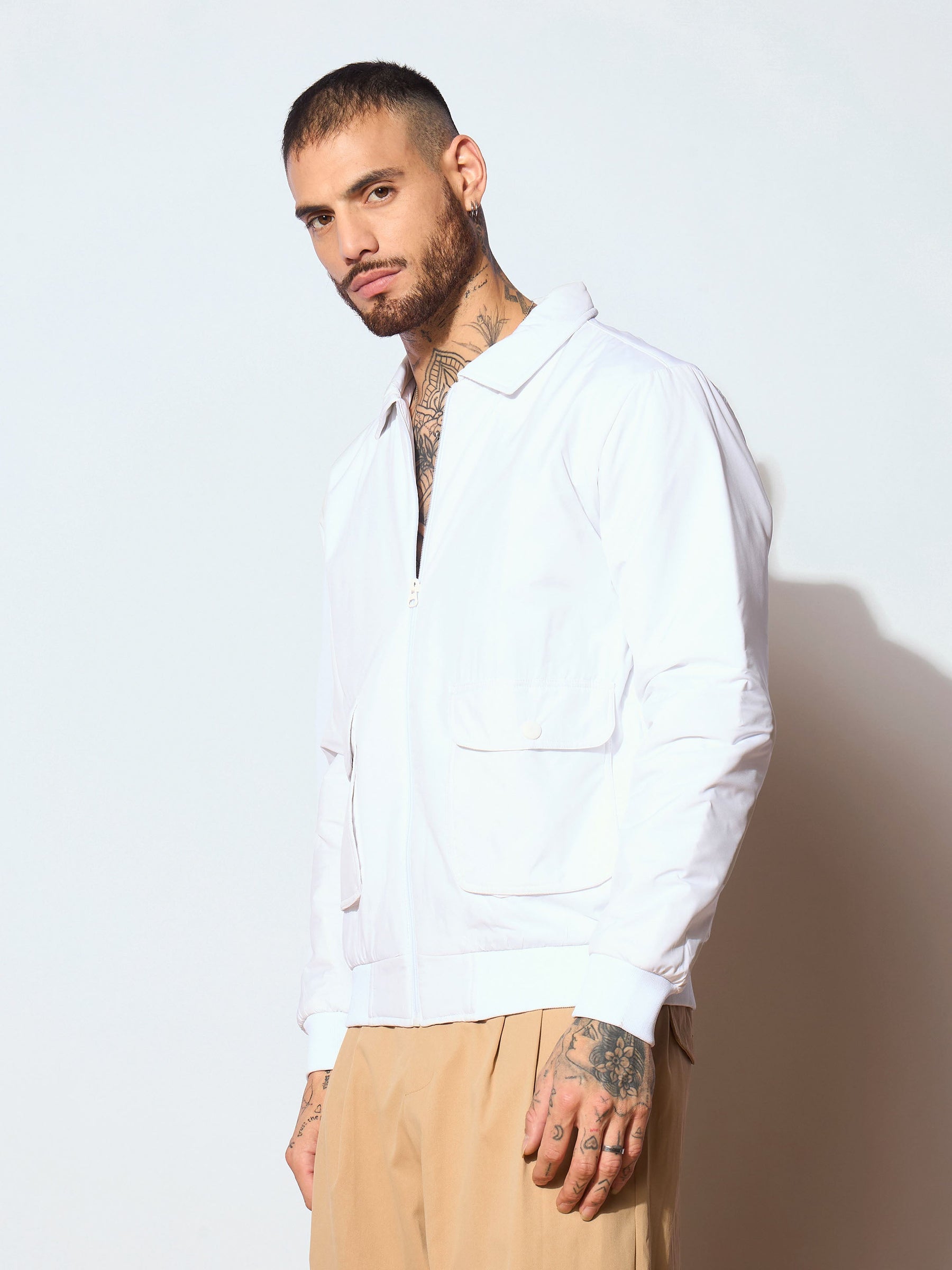 White Full Sleeve Front Pocket Jacket-MASCLN SASSAFRAS