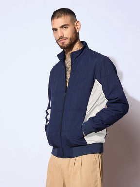 Navy & White Color Block Biker Jacket-MASCLN SASSAFRAS