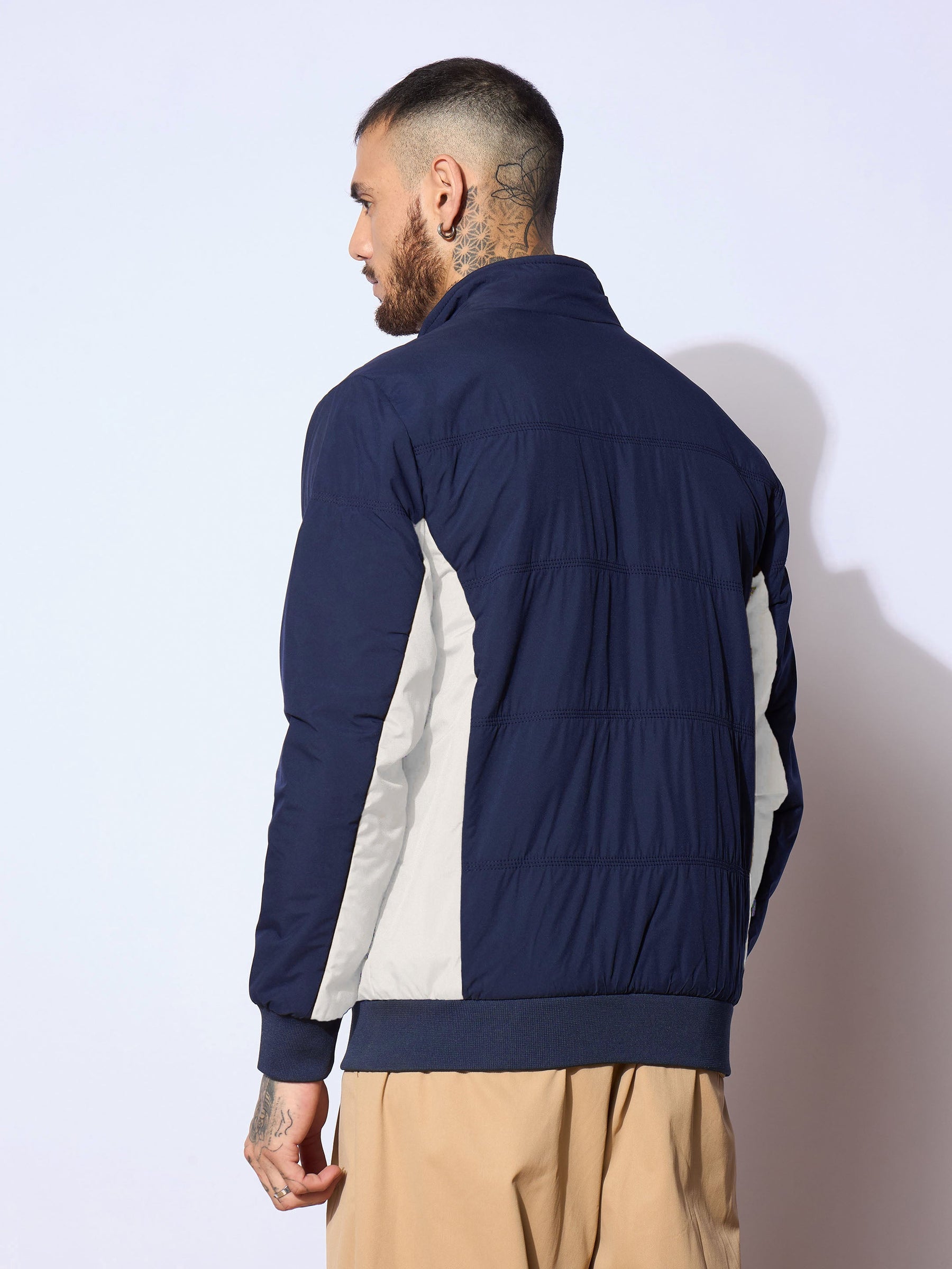 Navy & White Color Block Biker Jacket-MASCLN SASSAFRAS