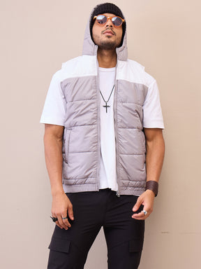 Grey & White ColorBlock Hoodie Sleeveless Jacket-MASCLN SASSAFRAS