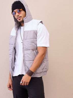 Grey & White ColorBlock Hoodie Sleeveless Jacket-MASCLN SASSAFRAS