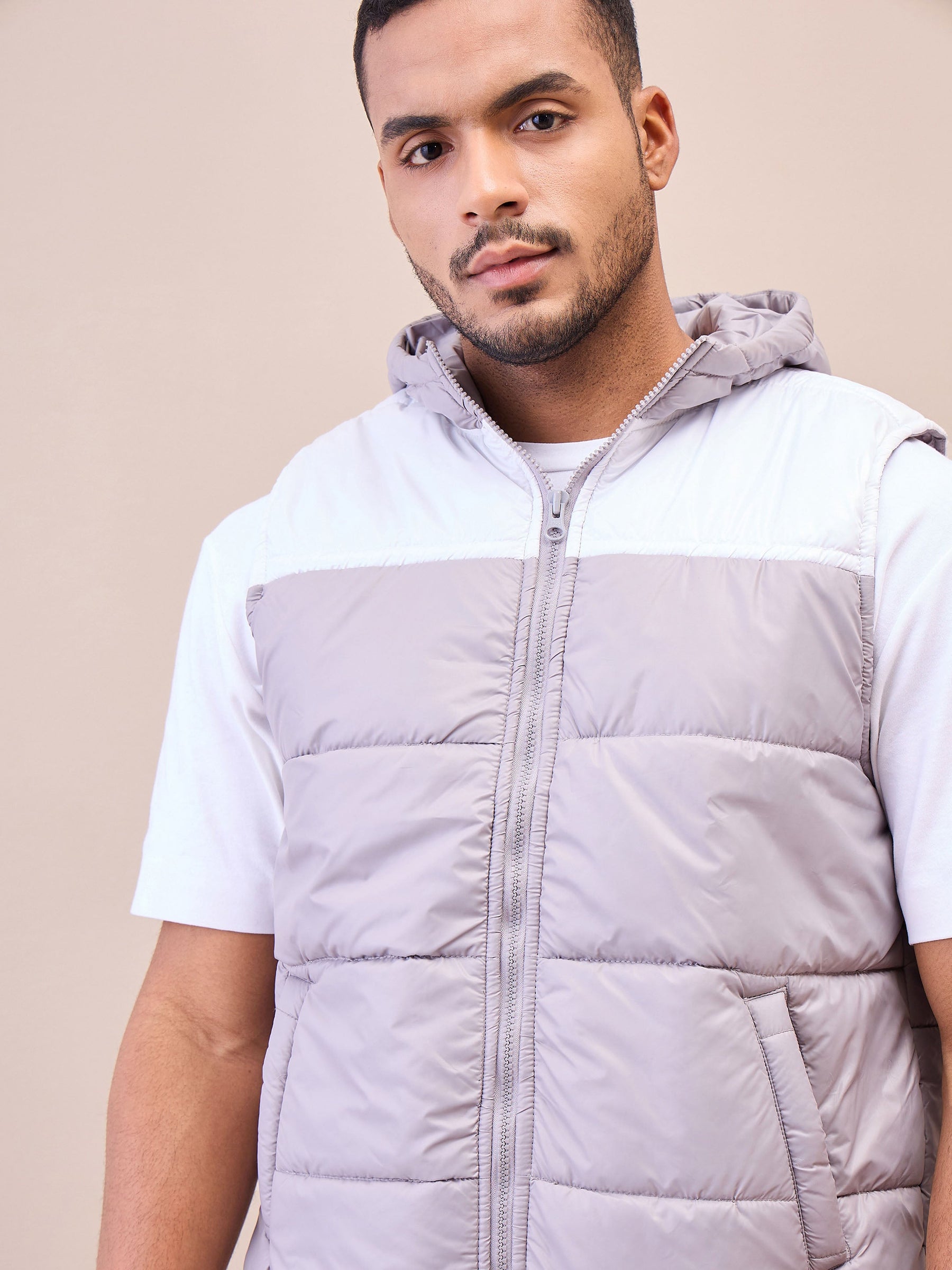 Grey & White ColorBlock Hoodie Sleeveless Jacket-MASCLN SASSAFRAS