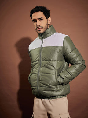 Olive & White Puffer ColorBlock Jacket-MASCLN SASSAFRAS