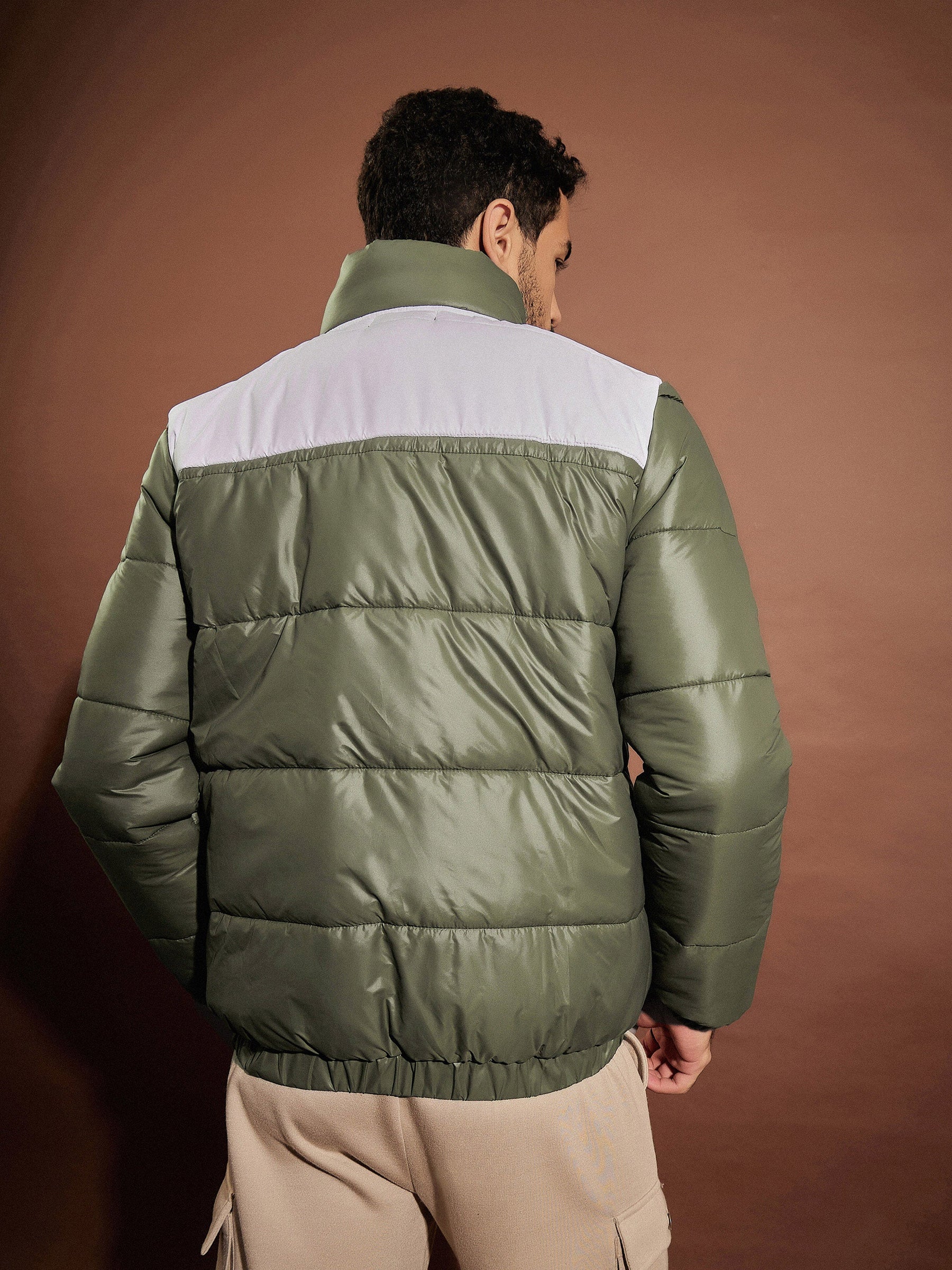 Olive & White Puffer ColorBlock Jacket-MASCLN SASSAFRAS