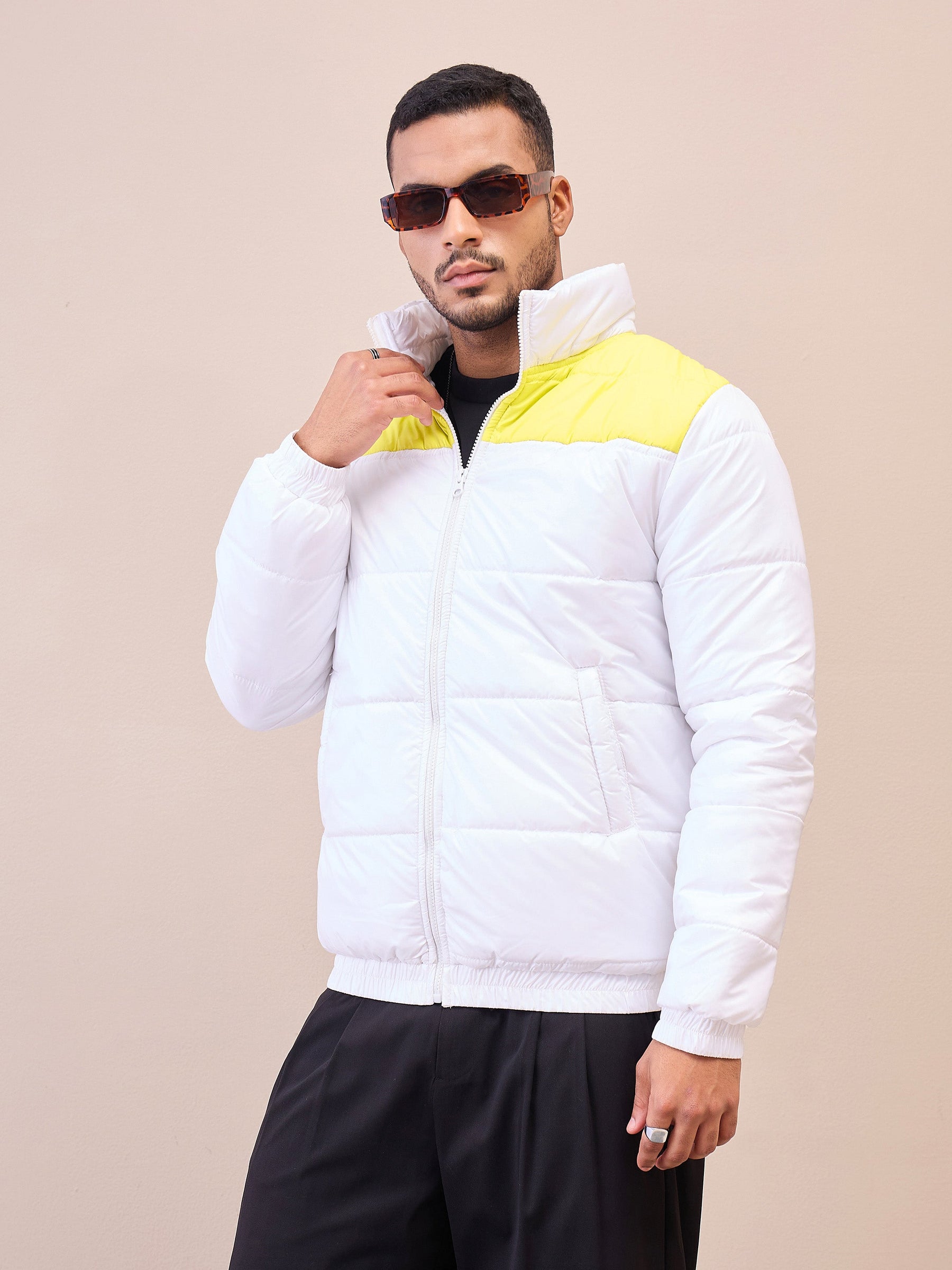 White & Yellow Puffer ColorBlock Jacket-MASCLN SASSAFRAS