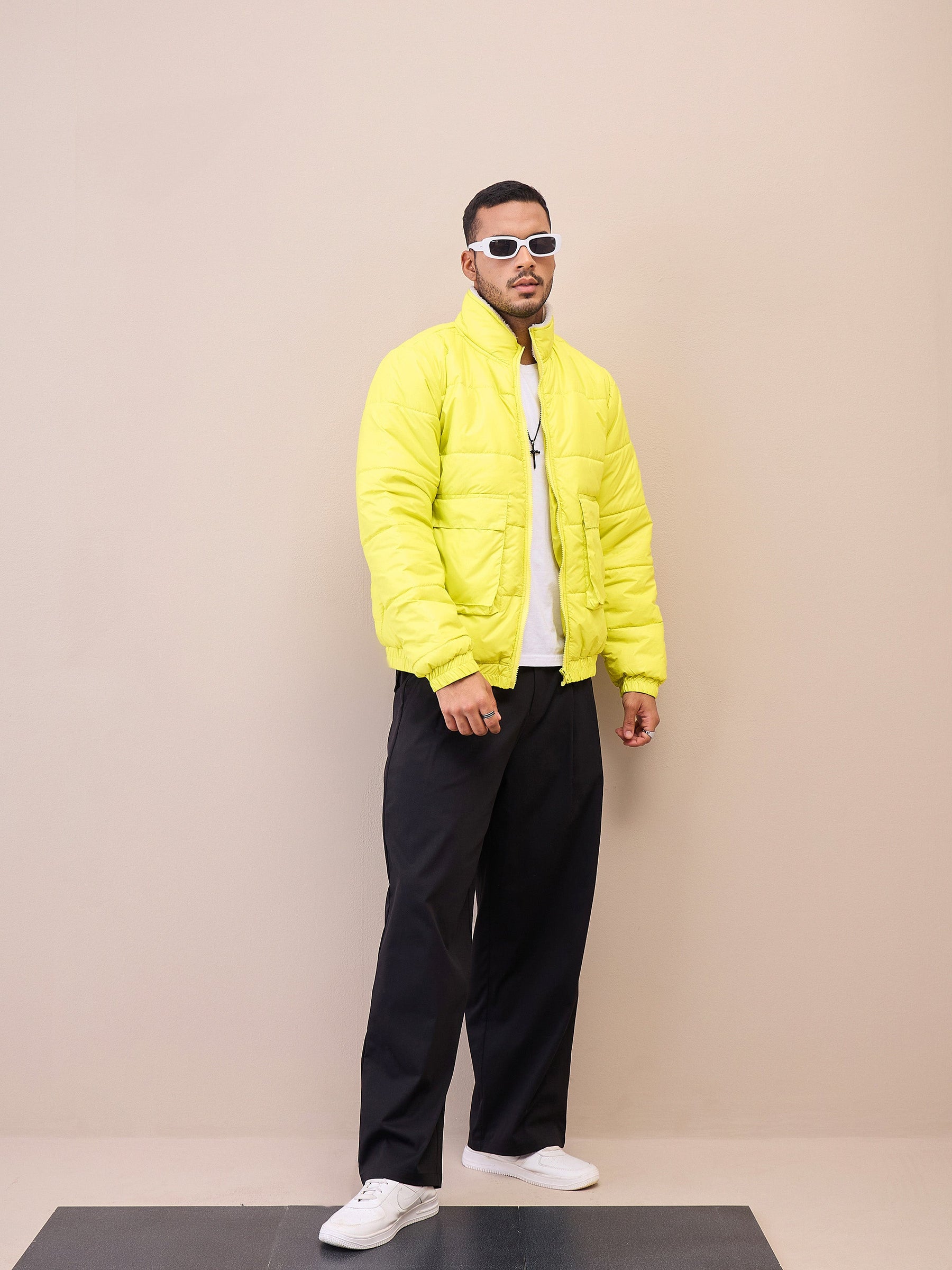 Neon Yellow Fur Collar Puffer Jacket-MASCLN SASSAFRAS