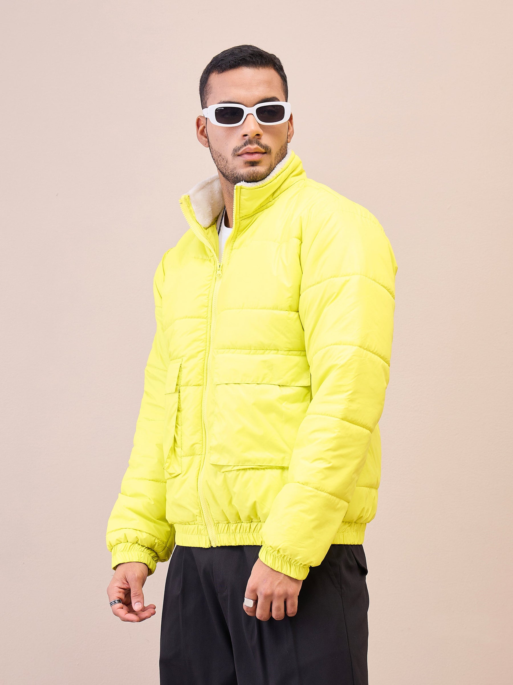 Neon Yellow Fur Collar Puffer Jacket-MASCLN SASSAFRAS