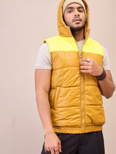 Khaki & Yellow ColorBlock Hoodie Sleeveless Jacket-MASCLN SASSAFRAS