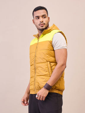 Khaki & Yellow ColorBlock Hoodie Sleeveless Jacket-MASCLN SASSAFRAS