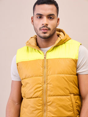 Khaki & Yellow ColorBlock Hoodie Sleeveless Jacket-MASCLN SASSAFRAS