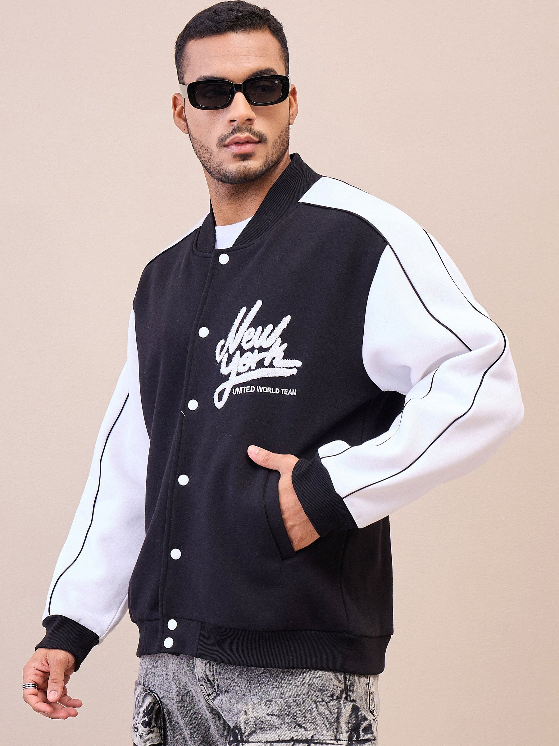 Black & White NEW YORK Embroidery Varsity Jacket-MASCLN SASSAFRAS