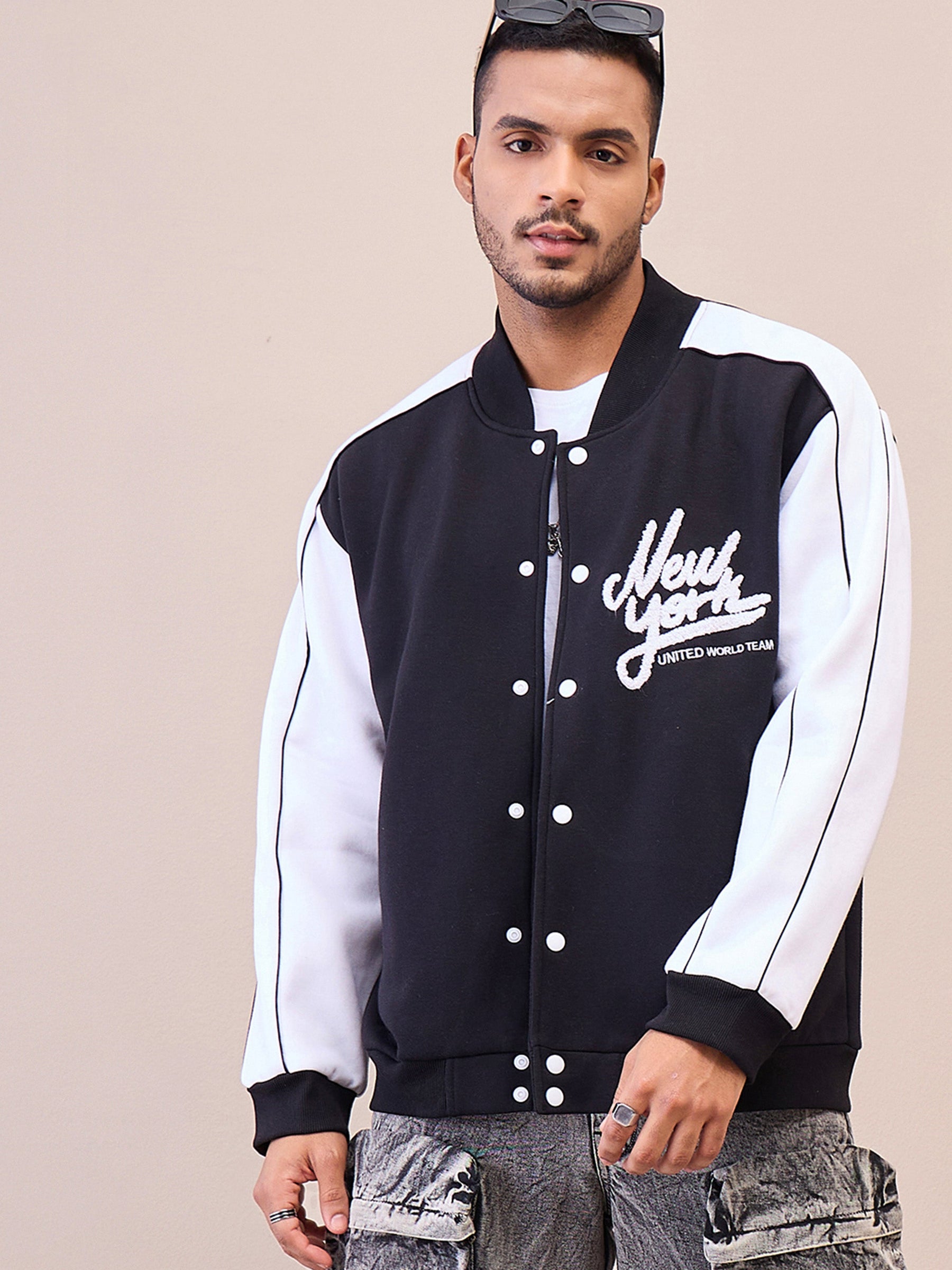 Black & White NEW YORK Embroidery Varsity Jacket-MASCLN SASSAFRAS