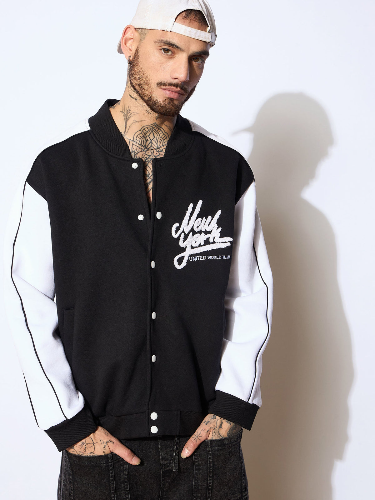 Black & White NEW YORK Embroidery Varsity Jacket-MASCLN SASSAFRAS