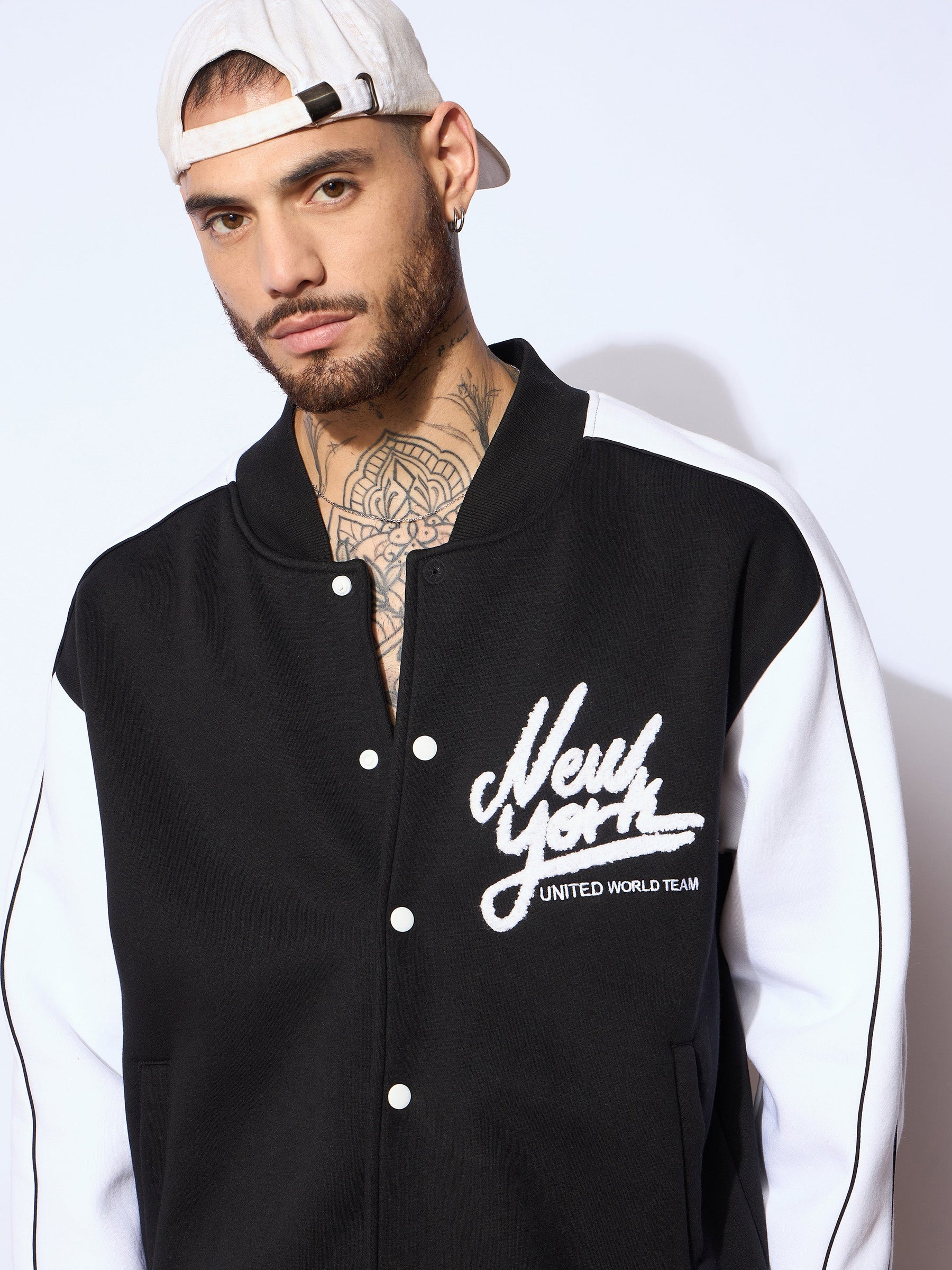 Black & White NEW YORK Embroidery Varsity Jacket-MASCLN SASSAFRAS