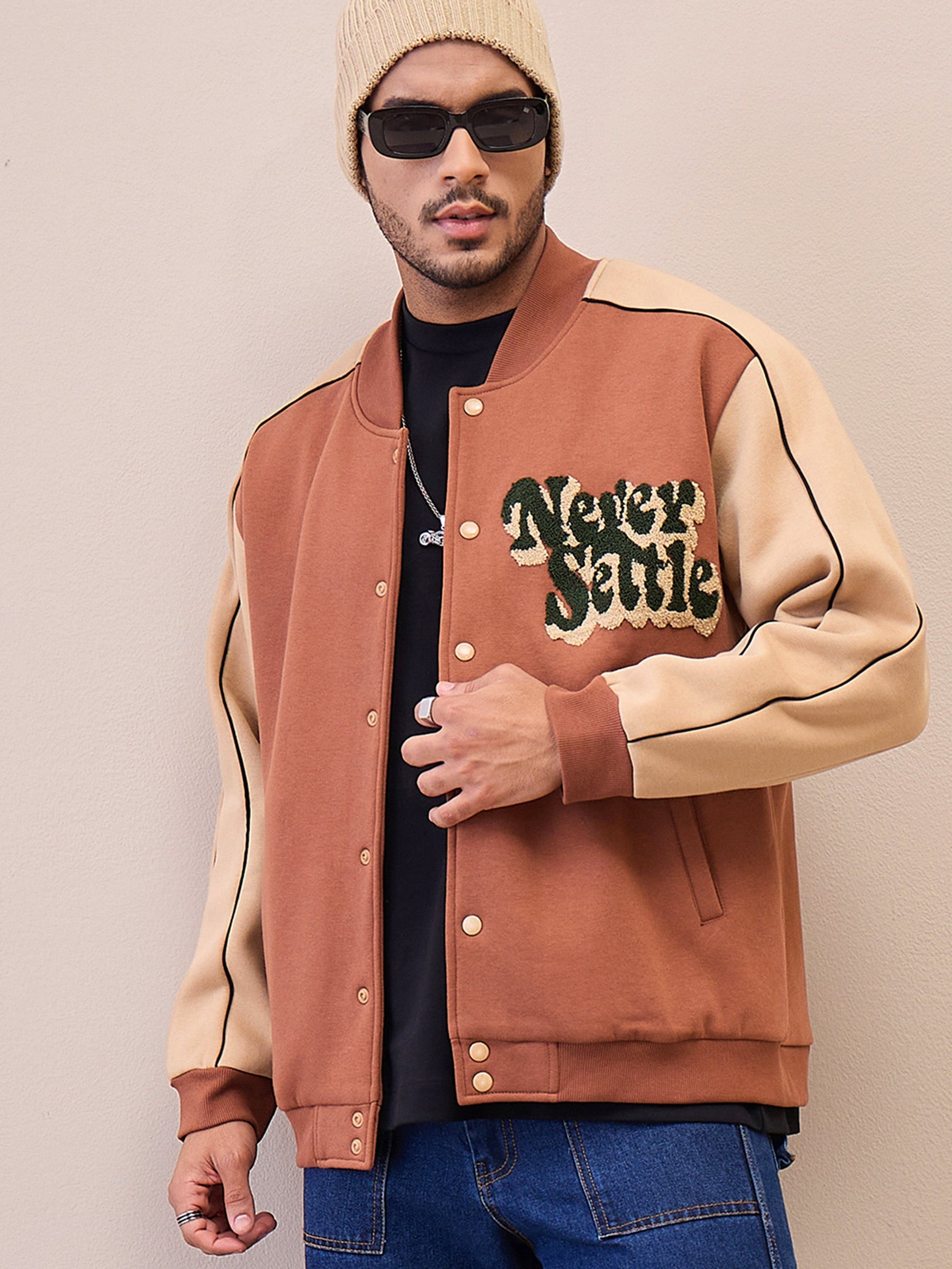 Brown & Beige NEVER SETTLE Embroidery Varsity Jacket-MASCLN SASSAFRAS