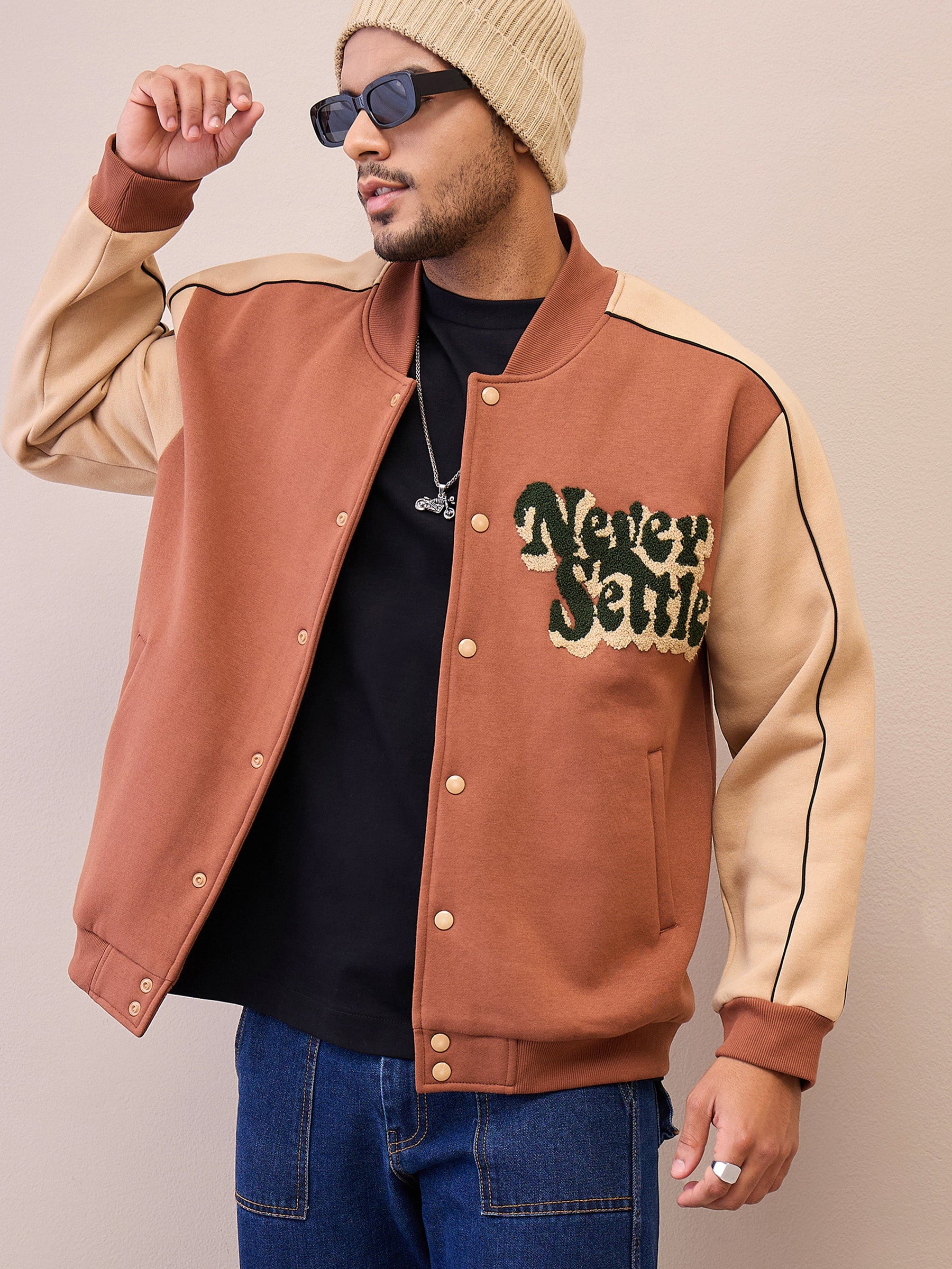 Brown & Beige NEVER SETTLE Embroidery Varsity Jacket-MASCLN SASSAFRAS