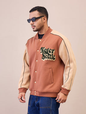 Brown & Beige NEVER SETTLE Embroidery Varsity Jacket-MASCLN SASSAFRAS