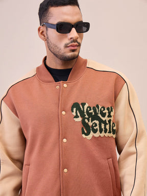 Brown & Beige NEVER SETTLE Embroidery Varsity Jacket-MASCLN SASSAFRAS