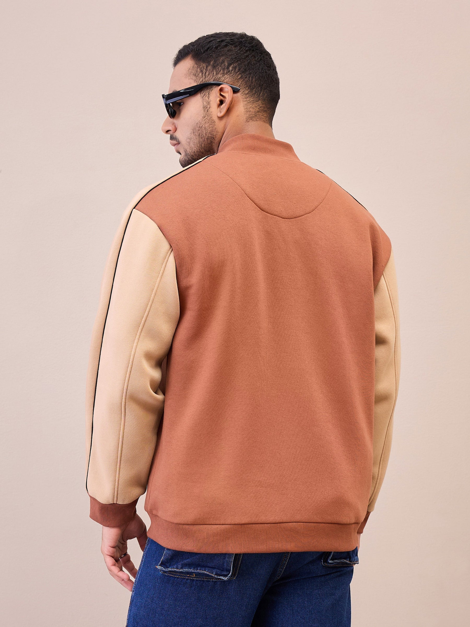 Brown & Beige NEVER SETTLE Embroidery Varsity Jacket-MASCLN SASSAFRAS