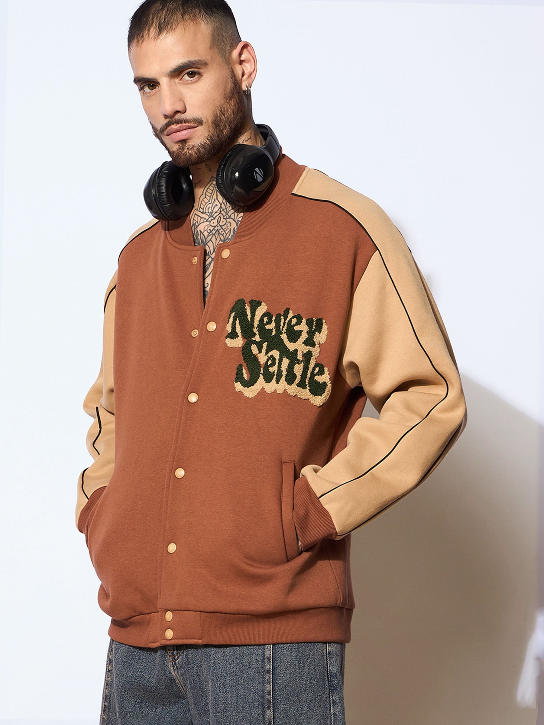 Brown & Beige NEVER SETTLE Embroidery Varsity Jacket-MASCLN SASSAFRAS