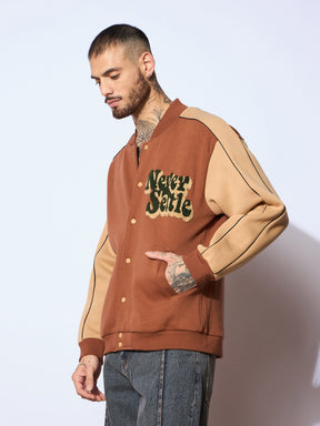 Brown & Beige NEVER SETTLE Embroidery Varsity Jacket-MASCLN SASSAFRAS