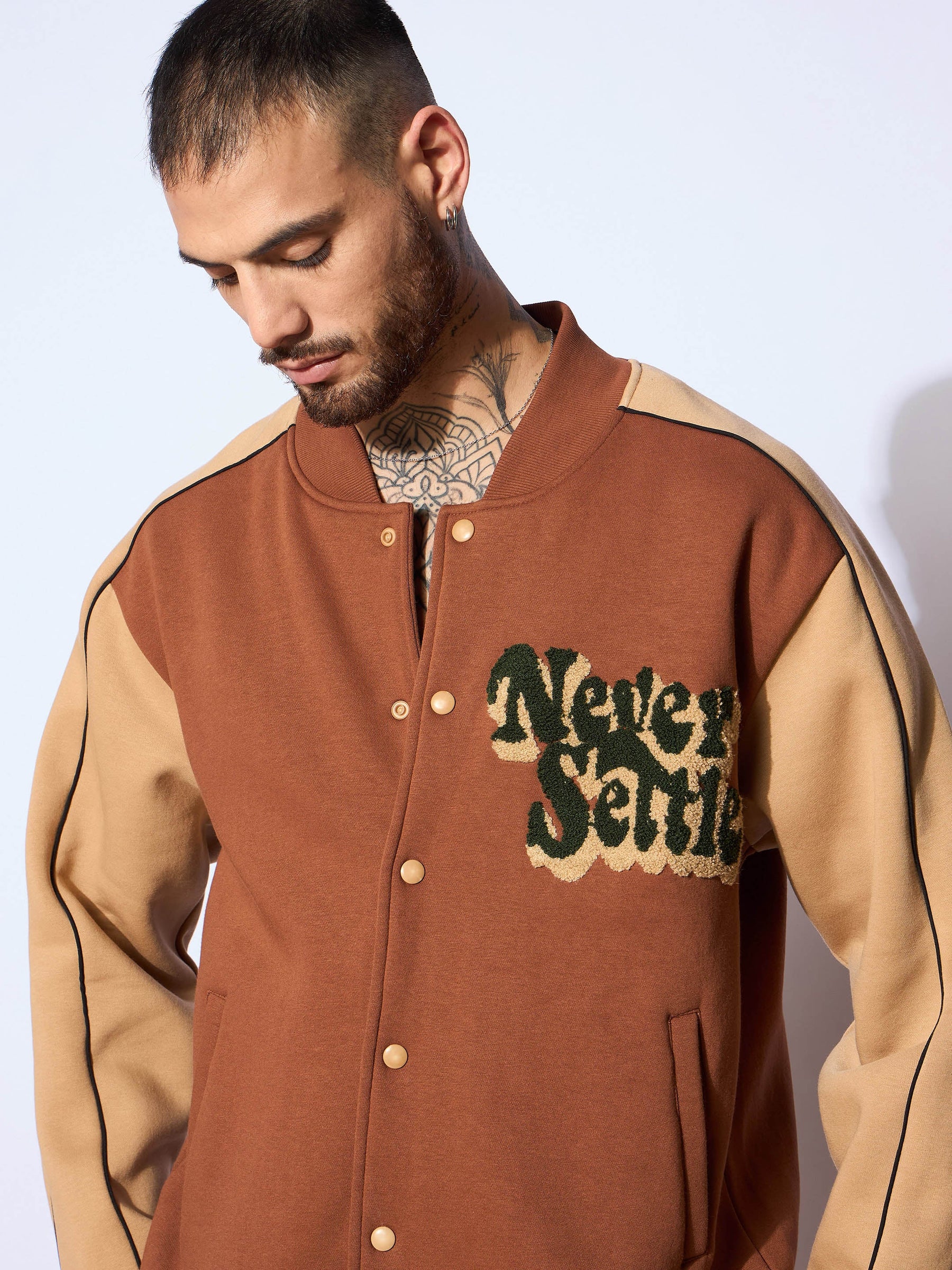 Brown & Beige NEVER SETTLE Embroidery Varsity Jacket-MASCLN SASSAFRAS