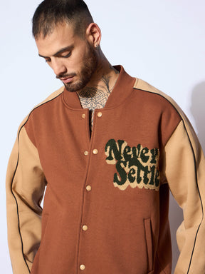 Brown & Beige NEVER SETTLE Embroidery Varsity Jacket-MASCLN SASSAFRAS