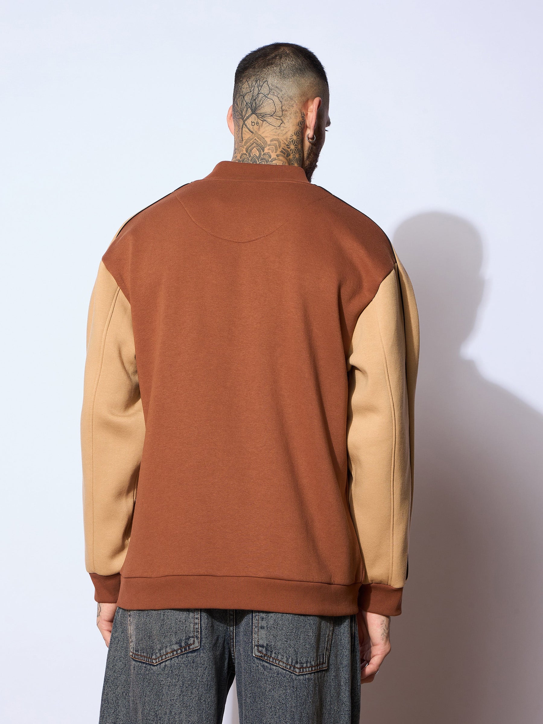 Brown & Beige NEVER SETTLE Embroidery Varsity Jacket-MASCLN SASSAFRAS