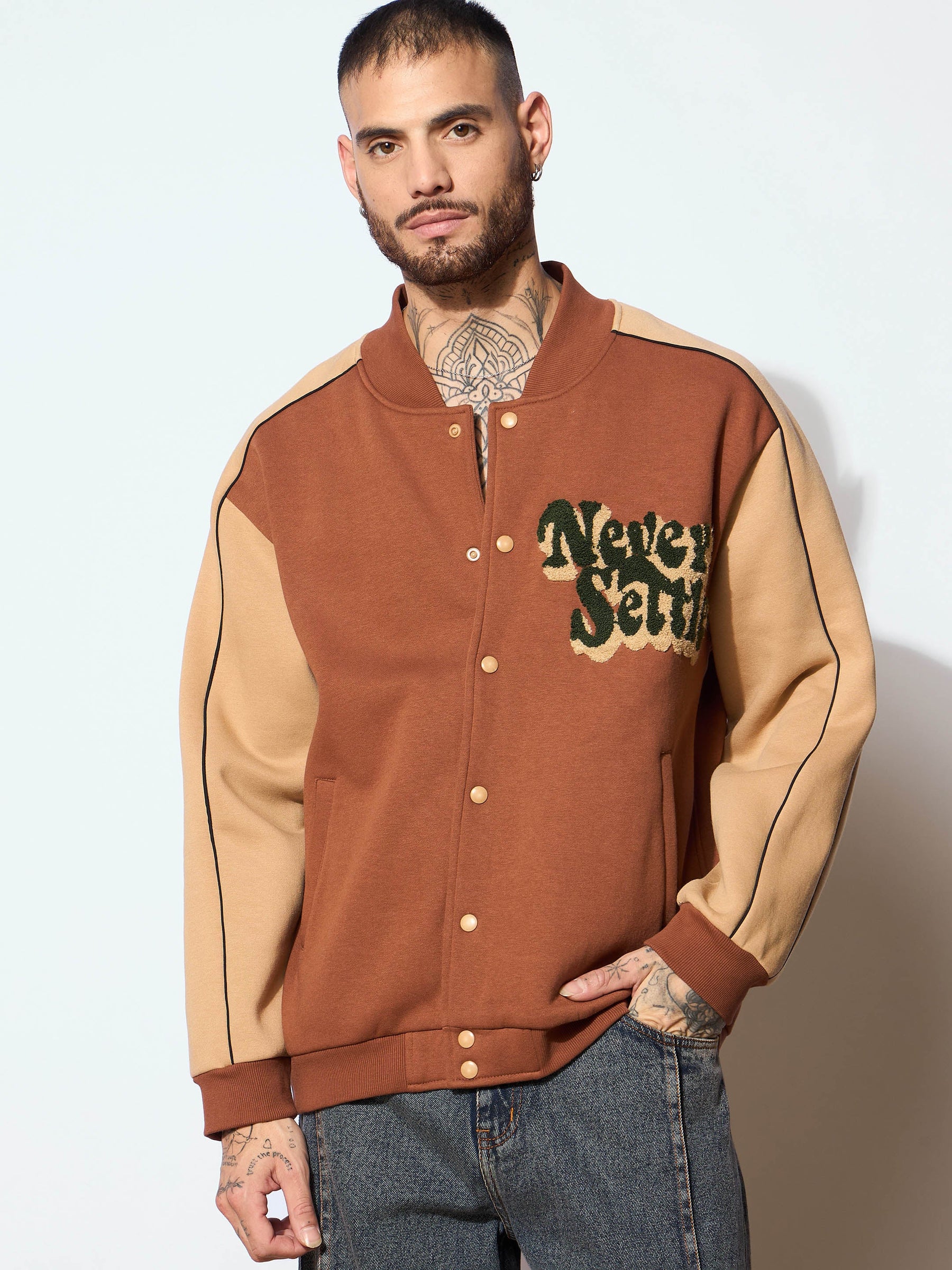 Brown & Beige NEVER SETTLE Embroidery Varsity Jacket-MASCLN SASSAFRAS